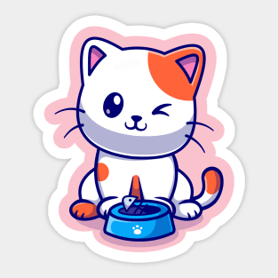 Cute Cat Eating Fish Cartoon Sticker